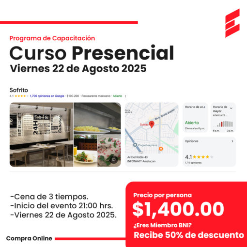 Curso Presencial - Cena & Capacitación (22 de Agosto 2025) Restaurante Sofrito Puebla